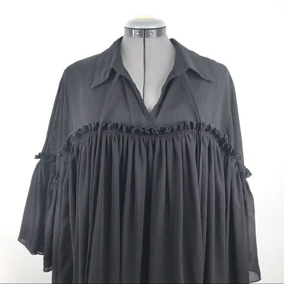 Missguided Semi Sheer Black Poet’s Style Dress with Bell Sleeves and Tie Front - Picture 7 of 15